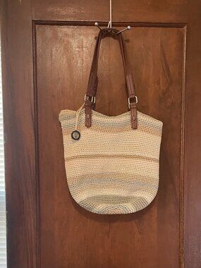 The Sak Crochet Tote Bag Neutral Striped Leather Strap Boho Shoulder Bag